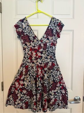 Stitch Fix Floral V-Neck Fit & Flare Dress in Navy with Red and White Flowers